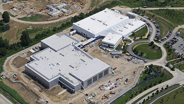 Aerial view of Sauer Group's new industrial facility during construction phase.