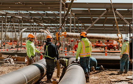 Construction workers inspecting pipeline installation at site.