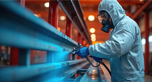 Industrial worker inspecting metal components with spray equipment.